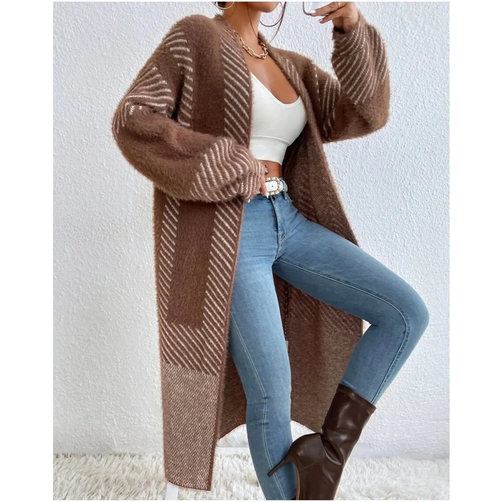 Cozy Color Block Stripes Fuzzy Open Front Cardigan - Picture 8 of 12
